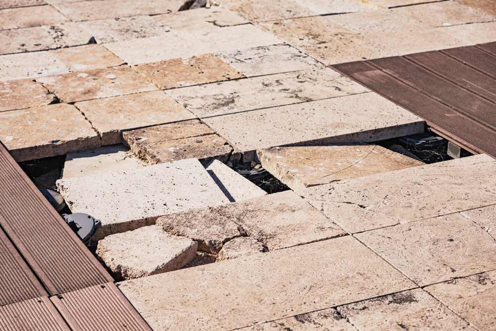 Kaputte Natursteinfliesen auf einer sanierungsbedürftigen Terrasse.